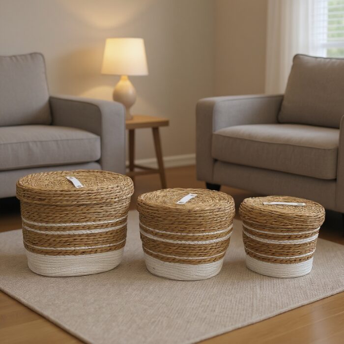 მოწნული კალათები თეთრი მოწნული კალათა თავსახურით დიდი - Image 4